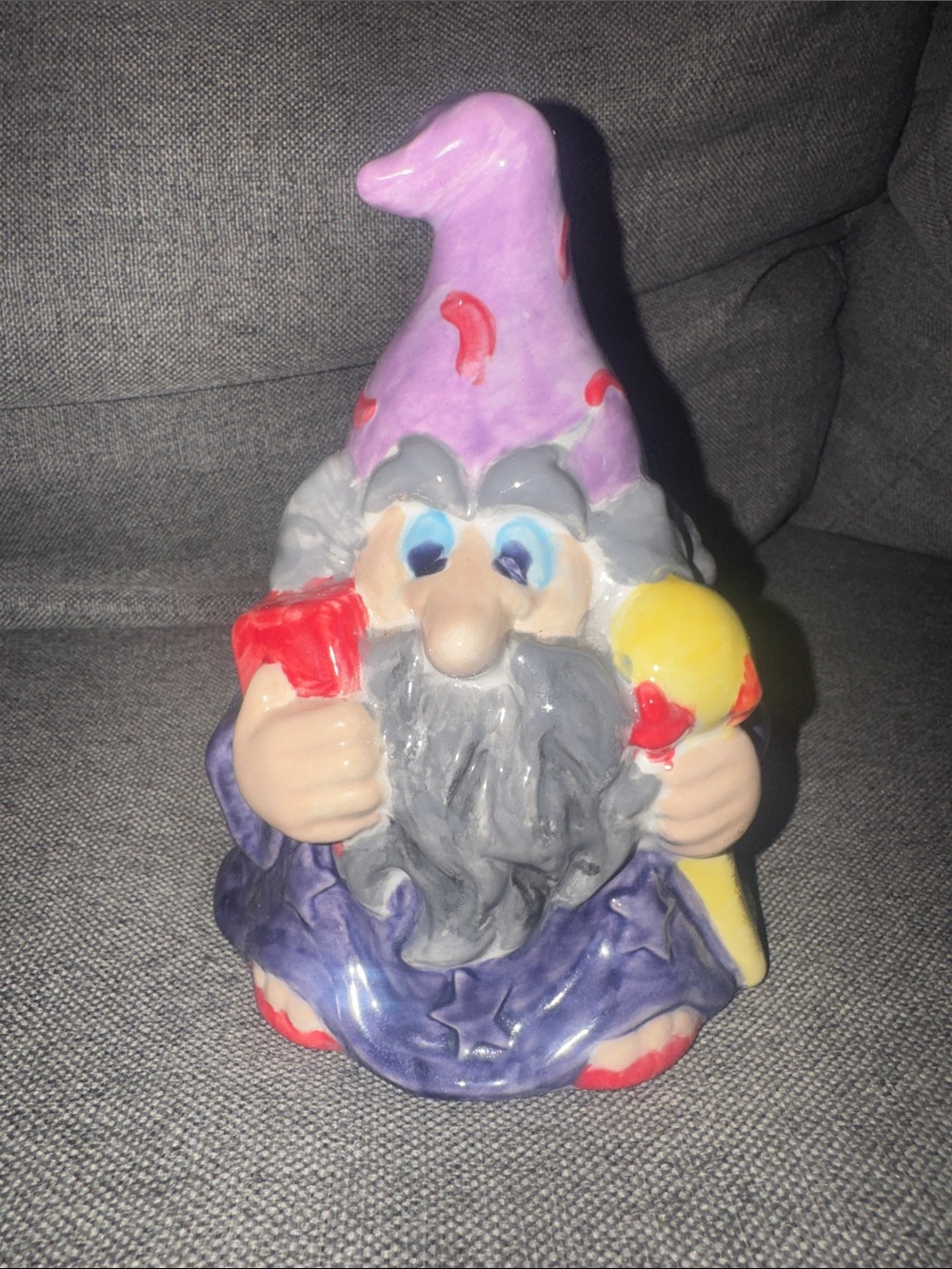 Handmade Ceramic Wizard Coin Bank Purple Robe Star Hat